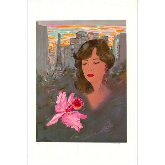 Vrouw voor de Eiffeltoren - Originele ondertekende en genummerde lithografie door de kunstenaar - Budgetbereik, kleine prijs, st