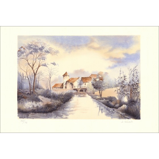 Landhaus auf dem Bach - Original signierte Lithographie und nummeriert in Bleistift des Künstlers - Budgetbereich, Haustier