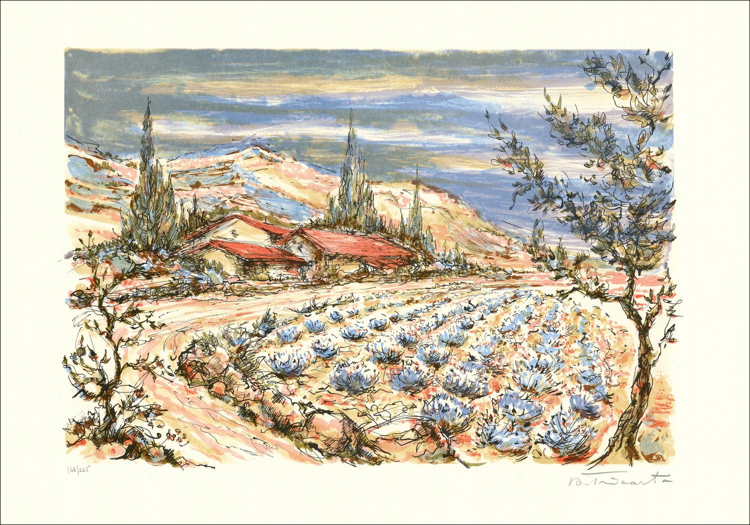 The Lavender Field - Original Lithograph signed and numbered by the artist - Budget range, small prize, decoration