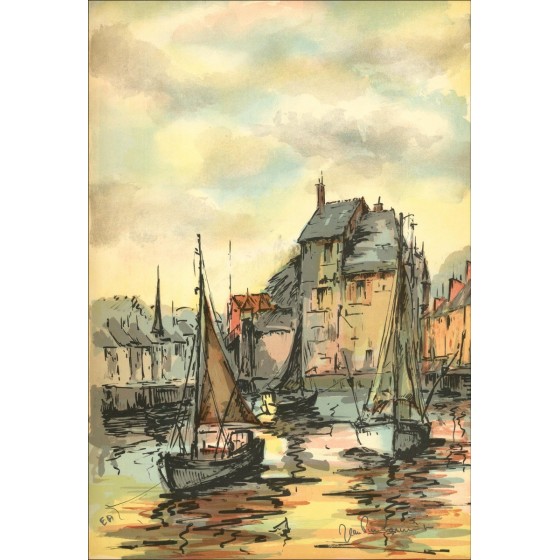 Segelboote am Hafen - Original-Lithographie unterzeichnet und gerechtfertigt im Bleistift des Künstlers - Budgetbereich, kleiner