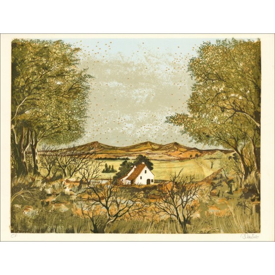 Landhaus - original signierte und berechtigte Lithographie im Bleistift des Künstlers - Budgetbereich, kleiner Preis, Dekoration