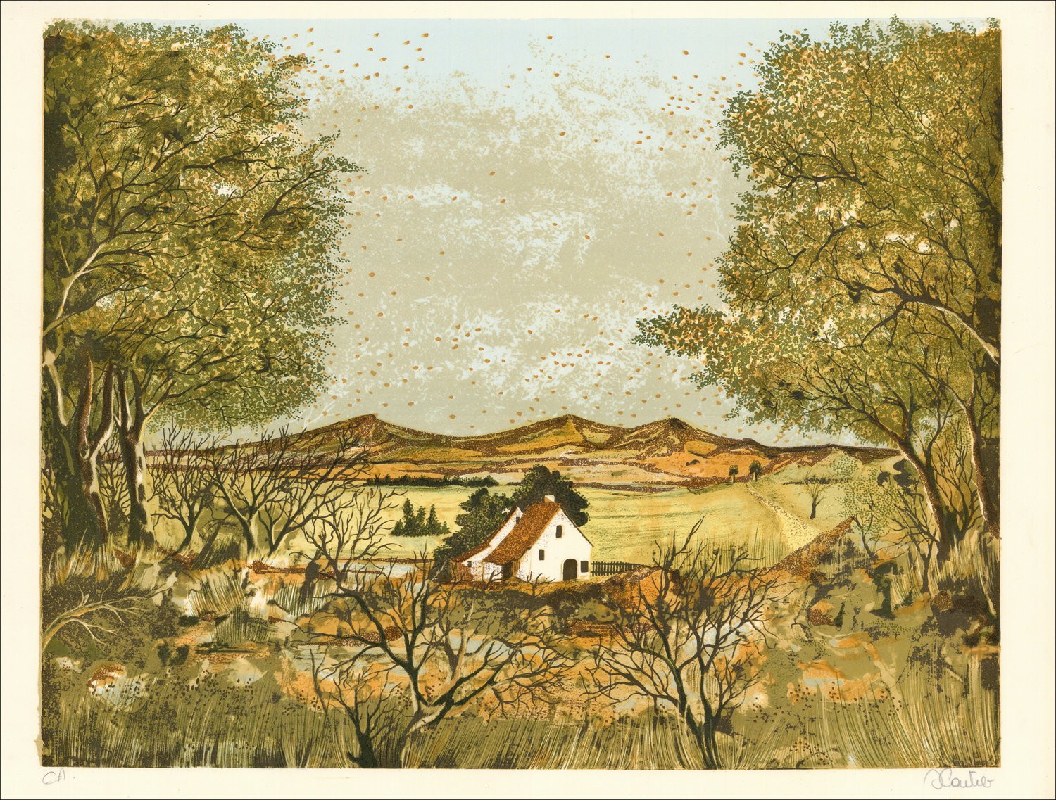 Landhaus - original signierte und berechtigte Lithographie im Bleistift des Künstlers - Budgetbereich, kleiner Preis, Dekoration