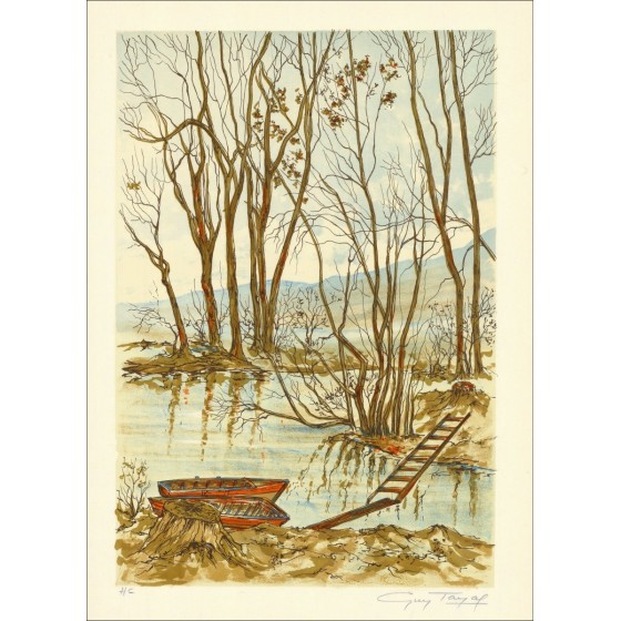 Lake Boats - Originele lithografie ondertekend en gerechtvaardigd in potlood door kunstenaar - Budgetbereik, kleine prijs, decor