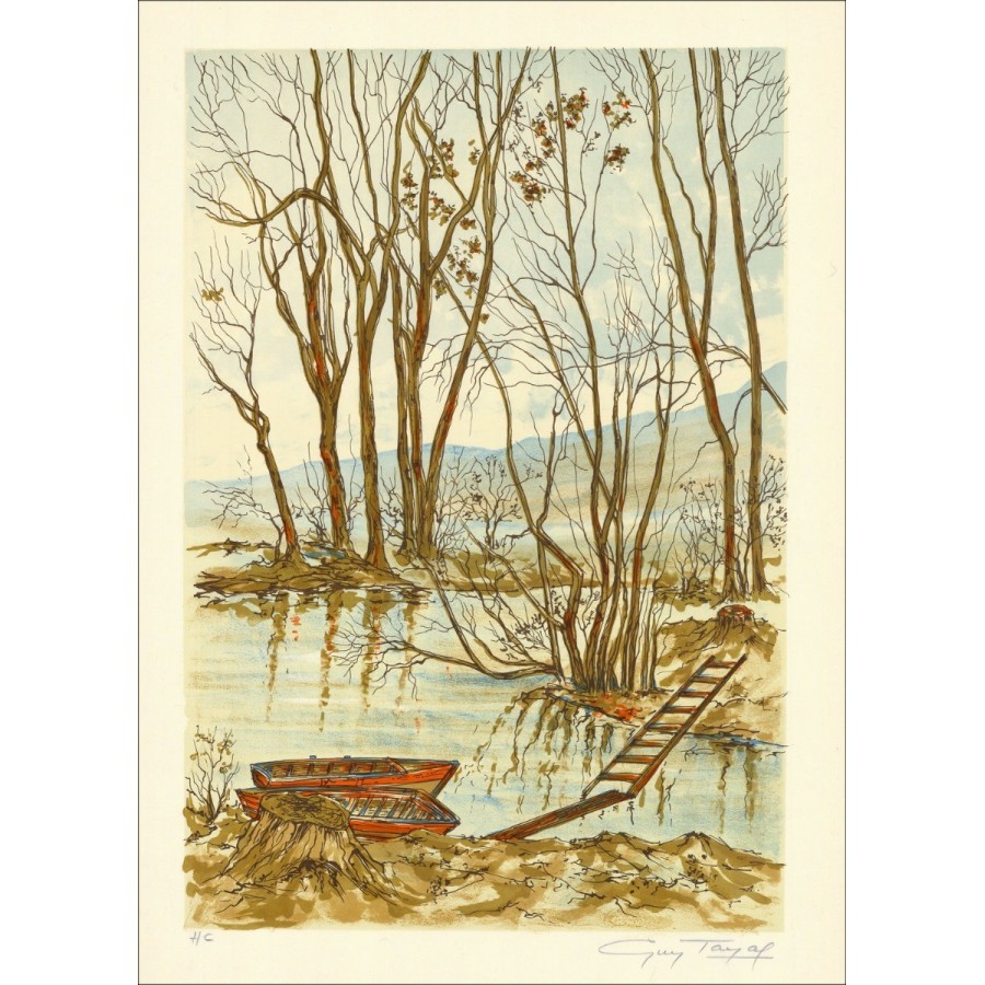 Barques by the lake - Original Lithograph signed and justified by the artist - Budget range, small prize, decoration