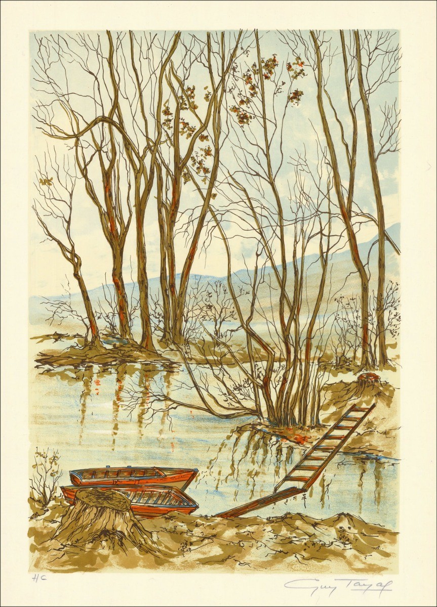 Lake Boote - Original-Lithographie unterzeichnet und gerechtfertigt im Bleistift von Künstler - Budgetbereich, kleiner Preis, De