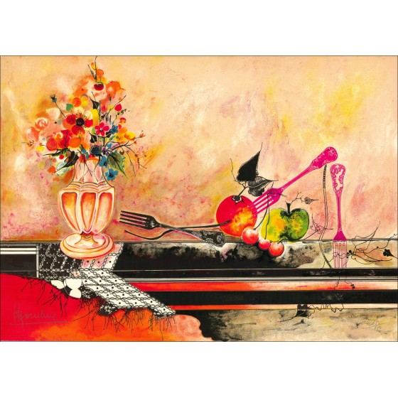 Stilleven met fruit - originele ondertekende en genummerde lithografie door de kunstenaar - Budgetbereik, lage prijs, ingericht