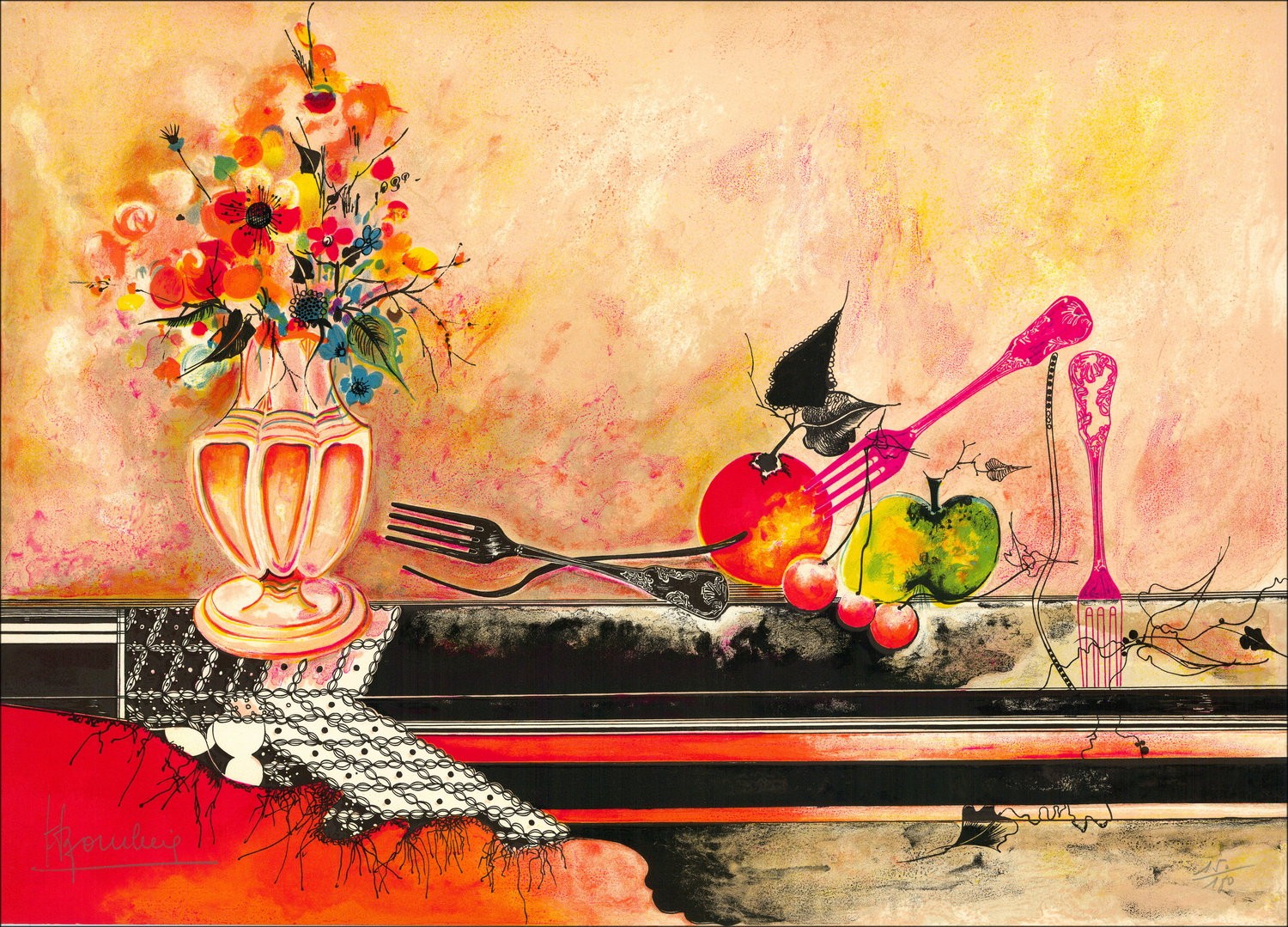 Bodegón con frutas: original firmado y litografía numerada por el artista - Rango de presupuesto, precio bajo, decorado