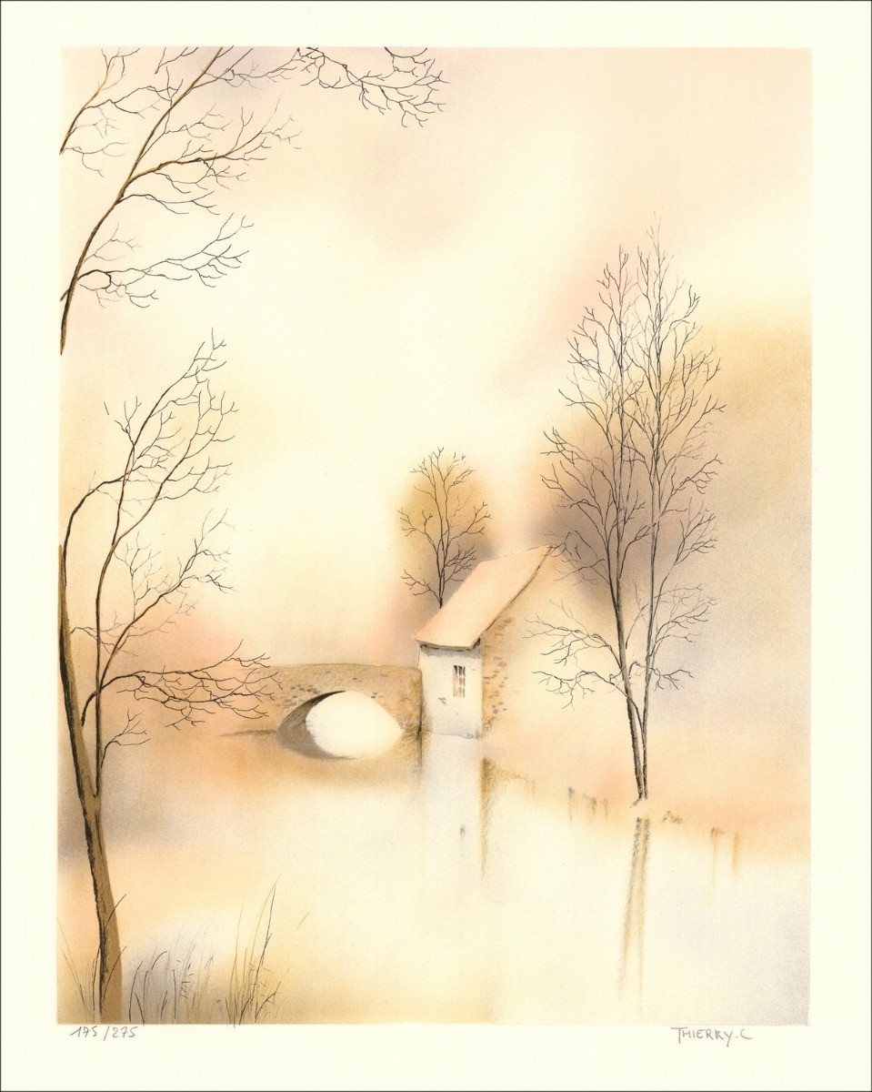 River bank - Original lithograph signed and numbered in pencil by the artist - Budget range, low price, decoration,