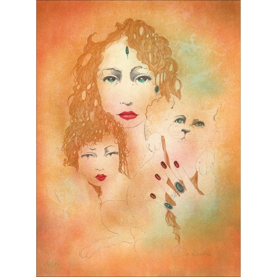 Donna, ragazza e chat - Litografia firmata originale e numerata a matita dall'artista - Gamma di buoni budget, piccolo prezzo, d
