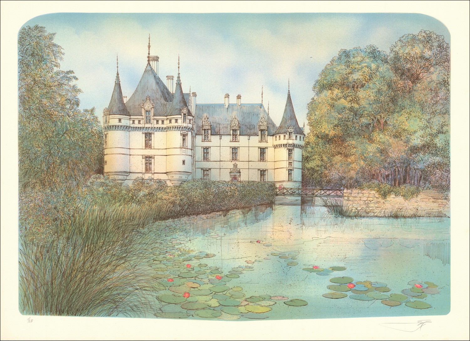 Rolf RAFFLEWSKI - Litografia originale "Castello Azay Le Tenda" 54x75cm - EX 1/250