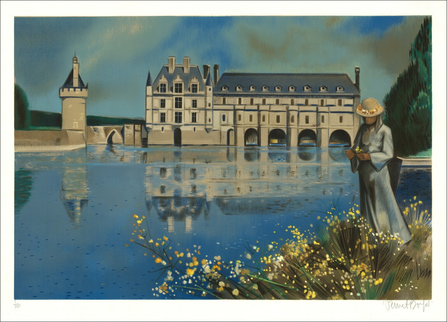 R. Vernet-Bonfort: 'Château de Chenonceau' Lithographie Originale Limitée