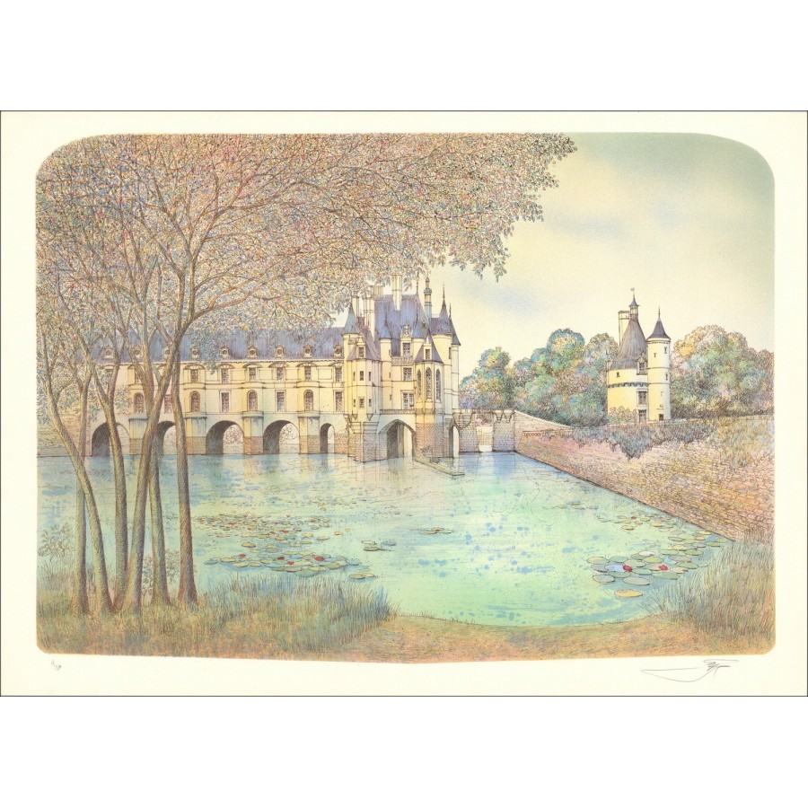 Rolf Rafflewski - Litografía original "Château de Chenonceau" 54x75cm - ex 1/250