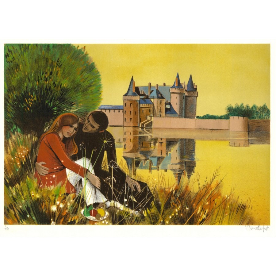 Robert Vernet-Bonfort - Original-Lithographie "Sully-sur-Loire Castle" 54x75cm - EX 1/250