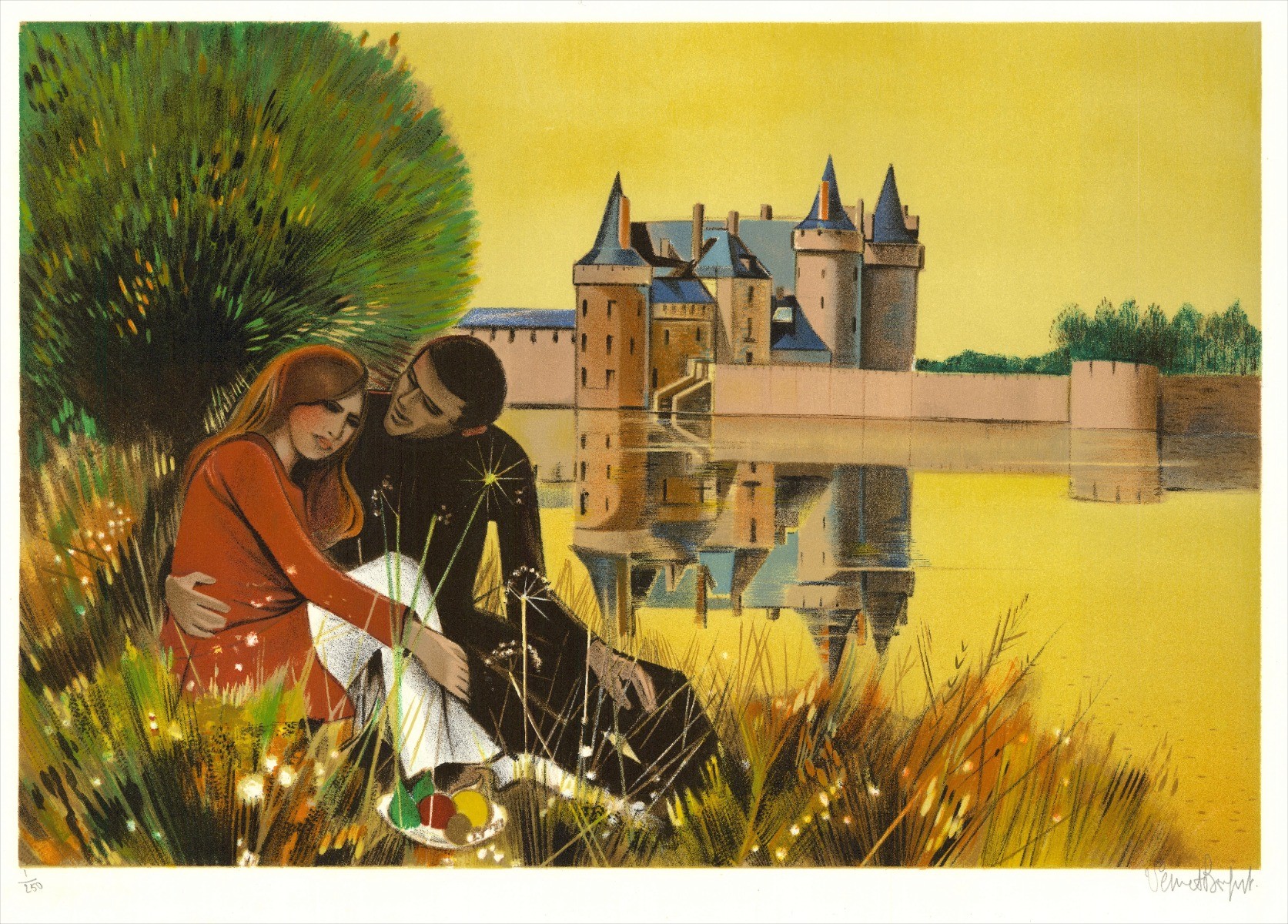 Robert VERNET-BONFORT - Lithographie Originale "Château de Sully-sur-Loire" 54x75cm - Ex 1/250