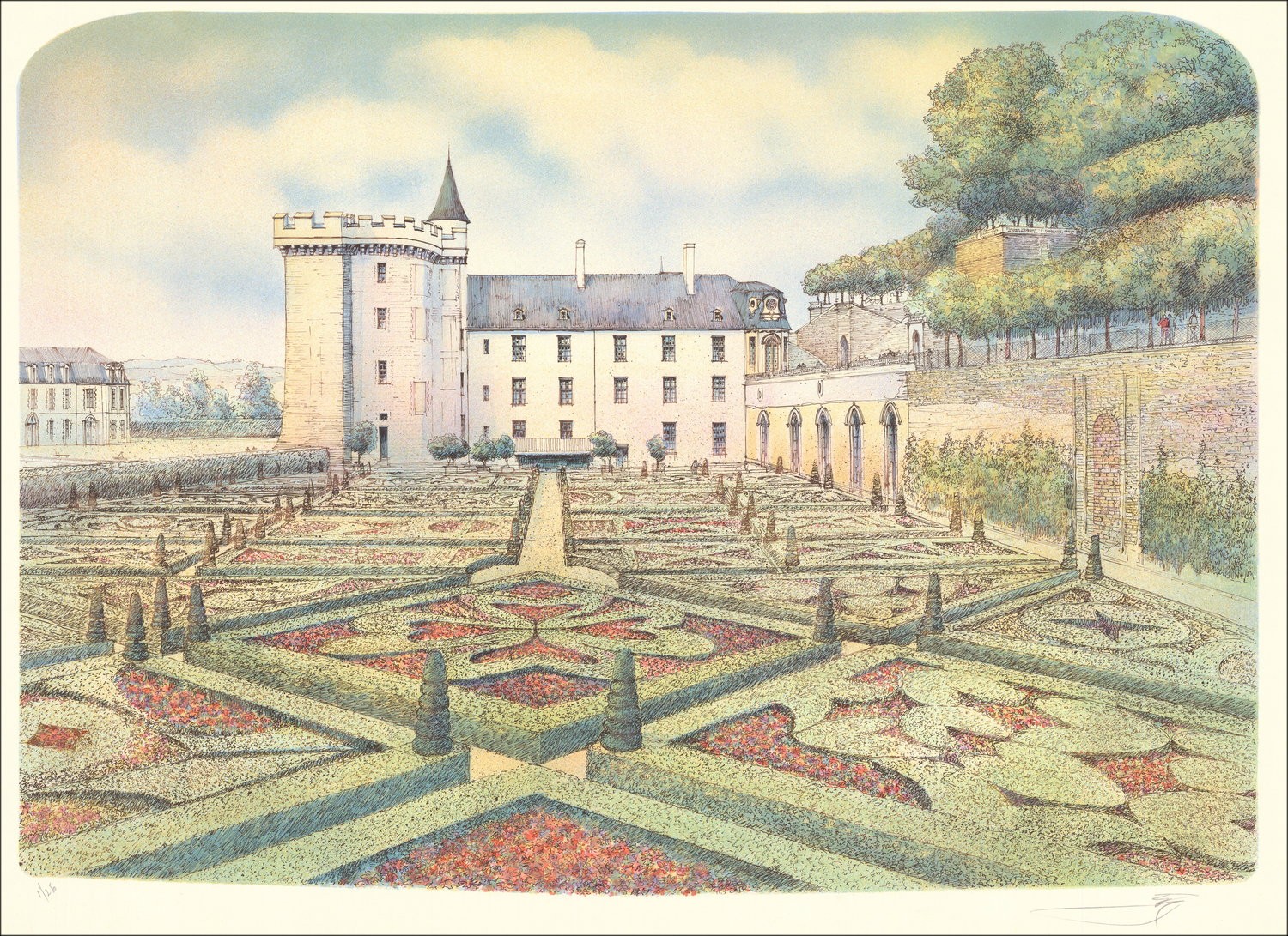 ROLF RAFFLEWSKI - Litografía original "Castillo de Villandry" 54x75cm - ex 1/250