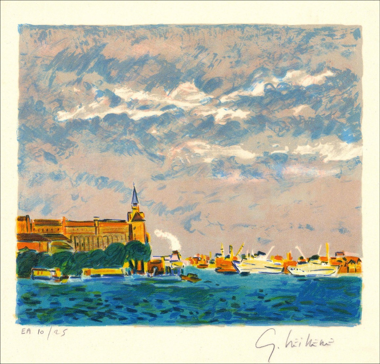 VIEILLEVIE Gérard - Original Lithograph "Venice" 35x37 cm