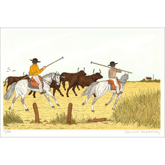 Vincent Haddelsey - Litografia originale "The Camargue Gardans" 37x54 cm - 1985 - firmato e numerato