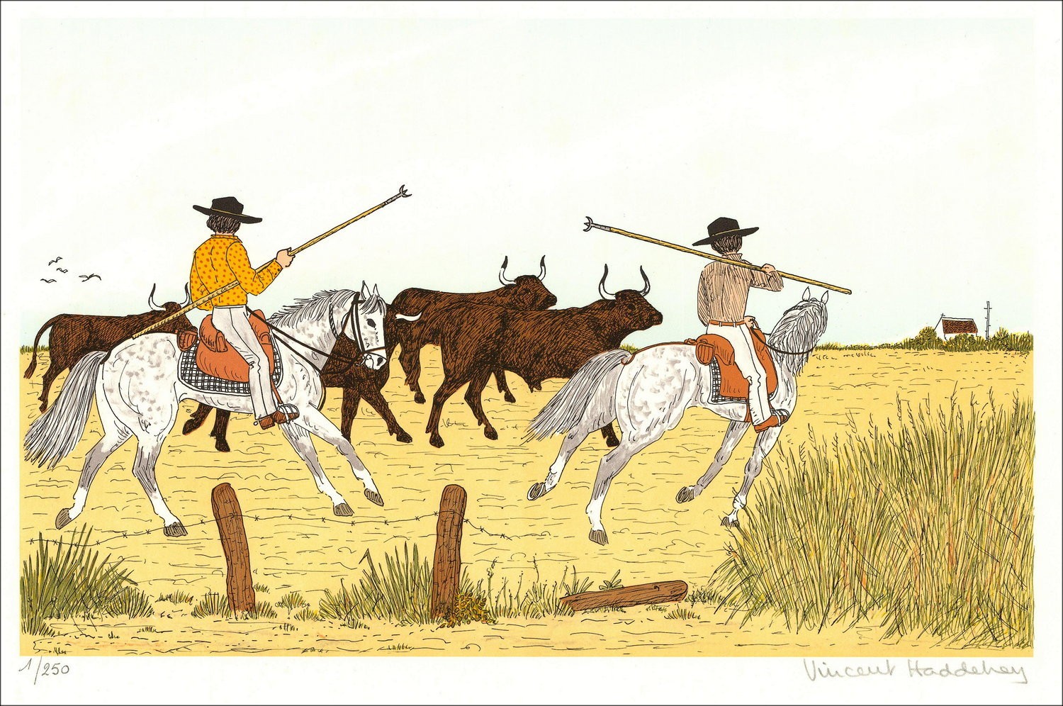 Vincent hadelsey - Originele litho "De Camargue Gardians" 37x54 cm - 1985 - Ondertekend en genummerd