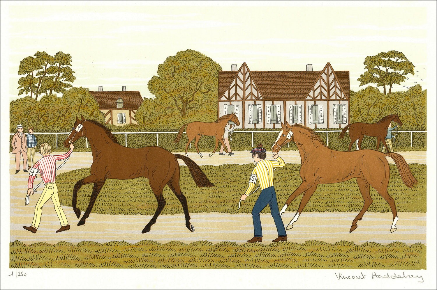 Vincent Haddelsey - Litografia originale "Vendite di yearling" 37x54 cm - 1985 - firmato e numerato