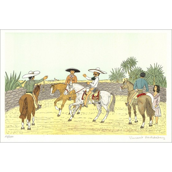 Vincent Haddelsey - Original-Lithographie "Die mexikanischen Charros" 37x54 cm - 1985 - signiert und nummeriert