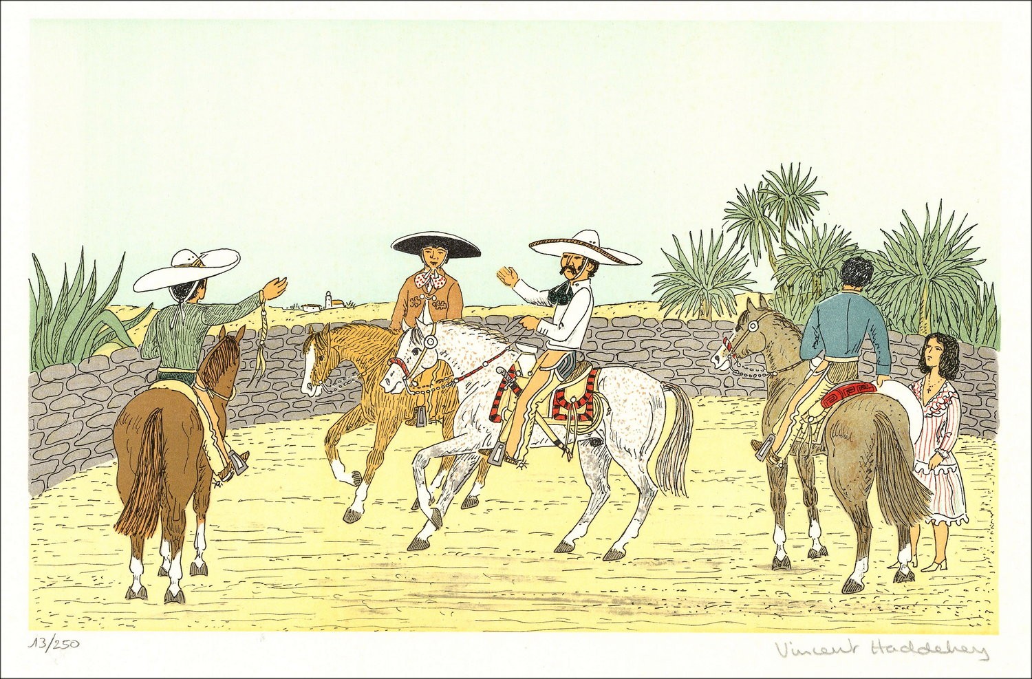 Vincent HADDELSEY - Lithographie originale "Les charros mexicains" 37x54 cm - 1985 - Signée et Numérotée