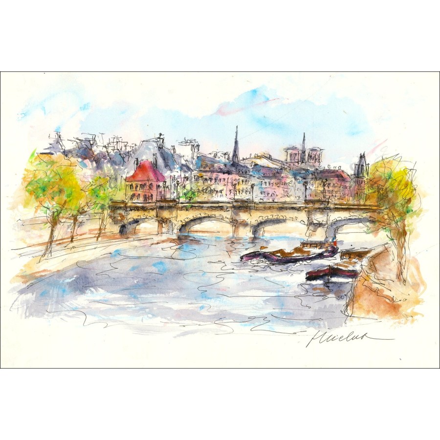 Urbain HUCHET - Aquarelle originale "Paris : Péniches sur la seine et vue sur Notre Dame " 30x45cm