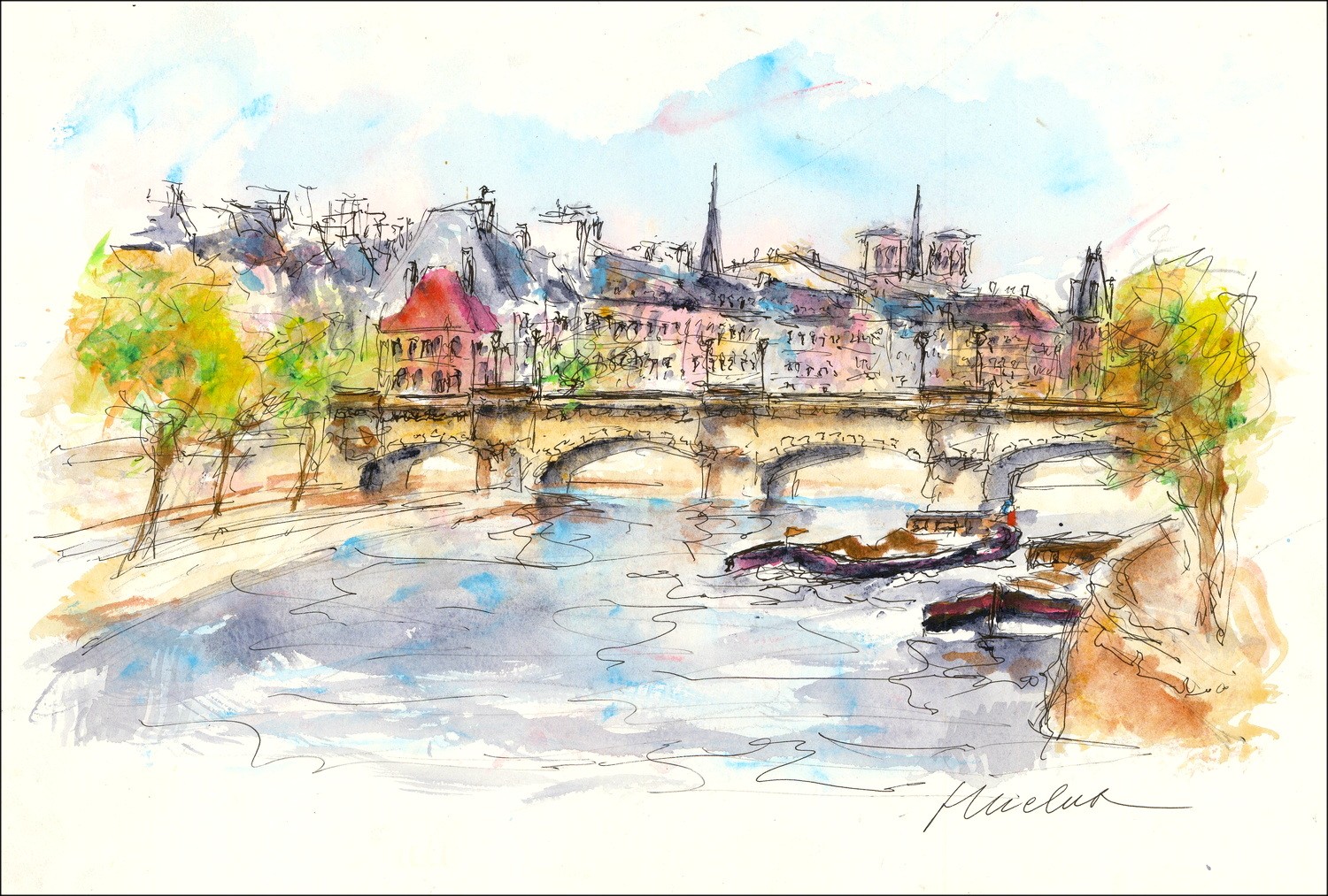 Urbain HUCHET - Aquarelle originale "Paris : Péniches sur la seine et vue sur Notre Dame " 30x45cm