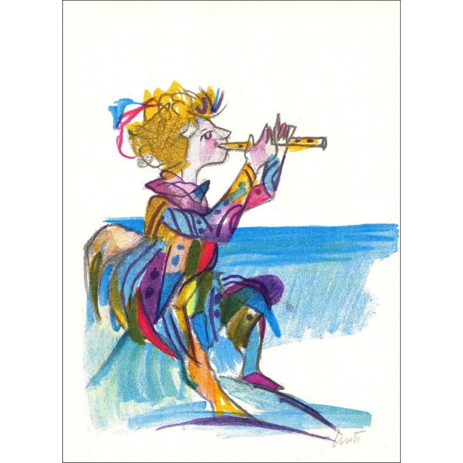 Emanuele LUZZATI - Lithographie originale "Joueur de flûte" 40x30cm - 2005