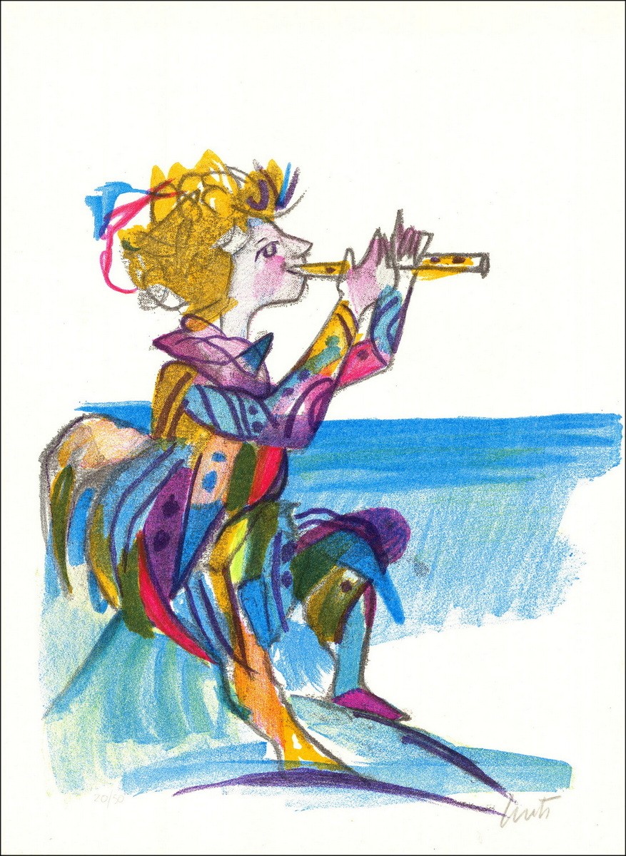 Emanuele LUZZATI - Litografía original "Player of flute" 40x30cm - 2005