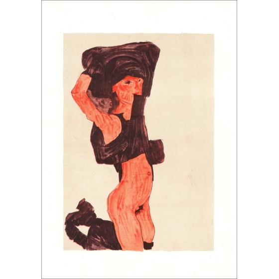 Egon Schiele - Lithografie "Het meisje dat op haar knieën, 1918" 50x32cm staat