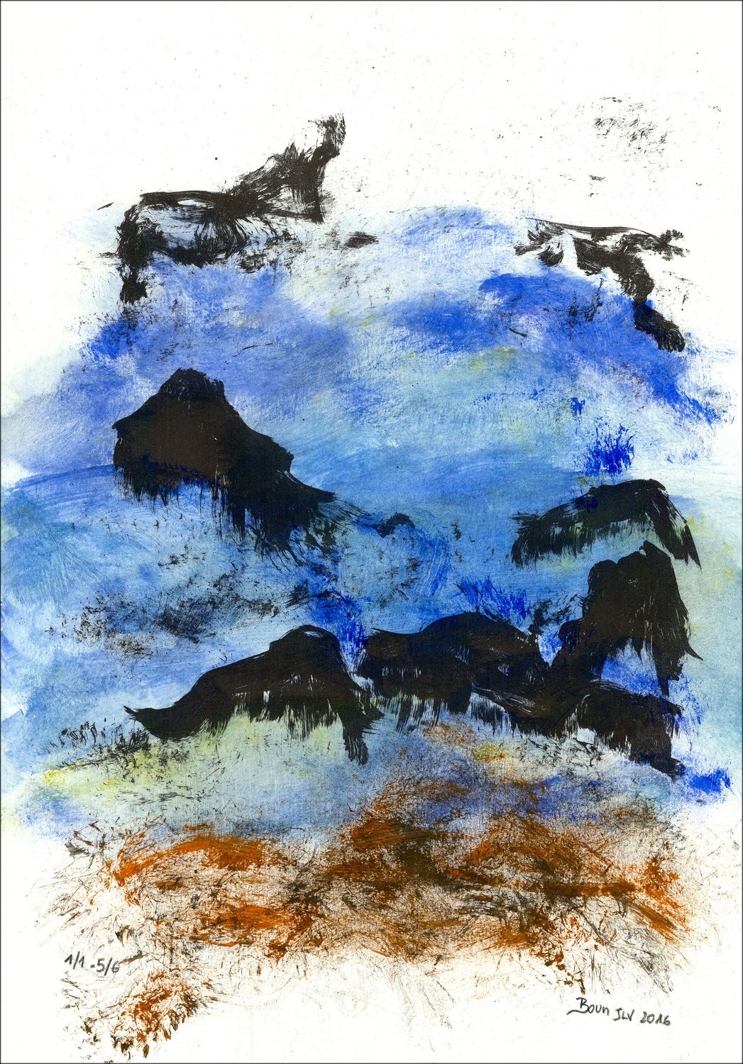 BOUN - Lithographie und Aquarell "Komposition 02, Kopie 5/6" 35x50cm - 2016