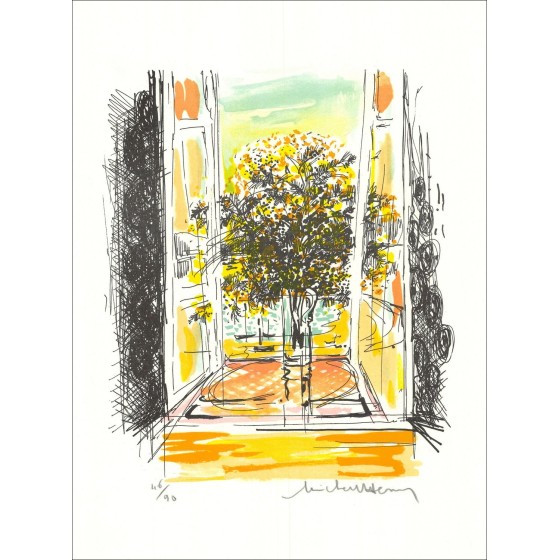 MICHEL-HENRY - Litografía "Bouquet por la ventana" 38x28cm