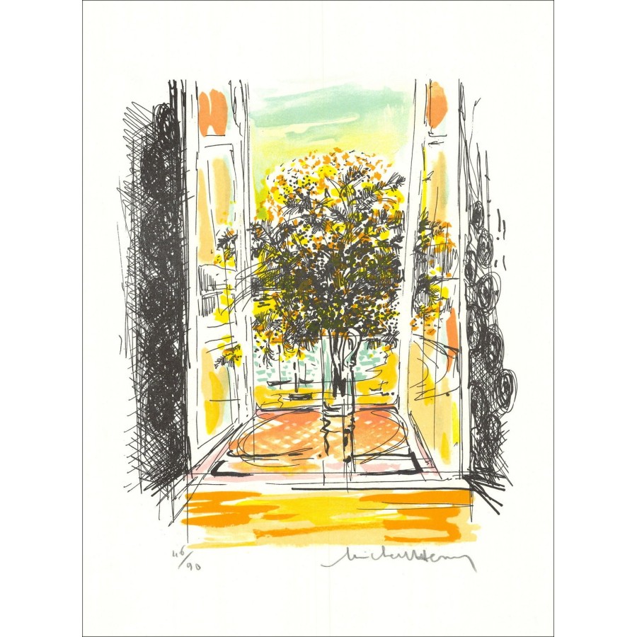 MICHEL-HENRY - Lithoschuim "Boeket door het venster" 38x28cm