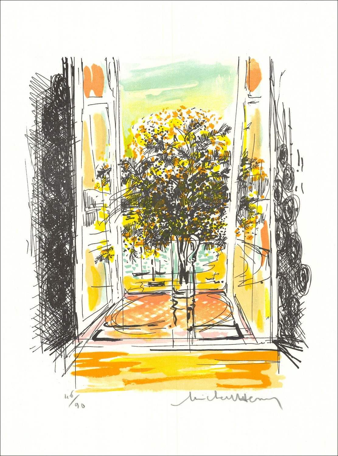 MICHEL-HENRY - Litografía "Bouquet por la ventana" 38x28cm
