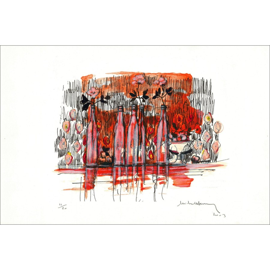 MICHEL-HENRY - Lithoschuim "Stilleven met flessen, 2003" 33x50cm