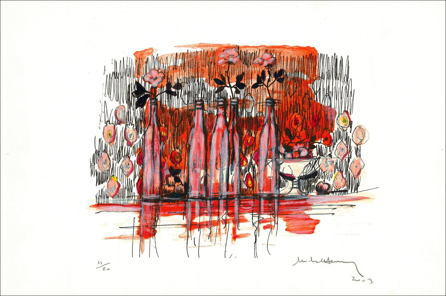 MICHEL-HENRY - Litografía "Bodegón con botellas, 2003" 33x50cm