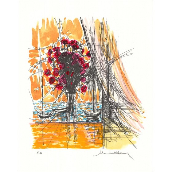 MICHEL-HENRY - Litografía "Ramo de flores y góndolas" 38x28cm