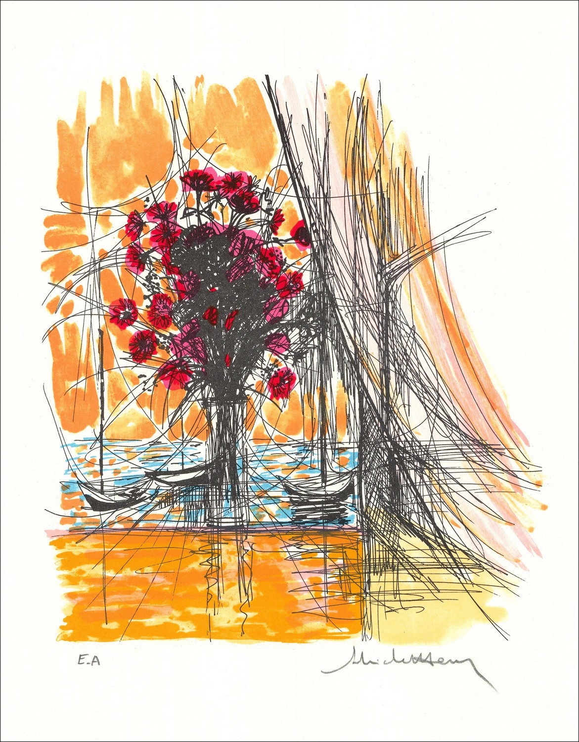 MICHEL-HENRY - Litografía "Ramo de flores y góndolas" 38x28cm