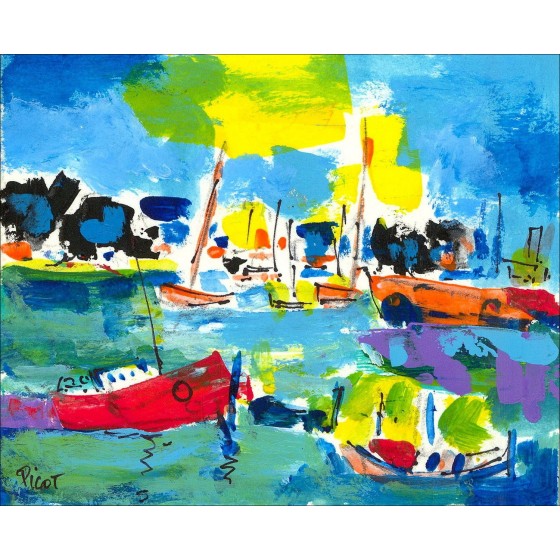 Jean-Claude Picot - Originalzeichnung mit Gouache "Die Boote 1" 11x14cm