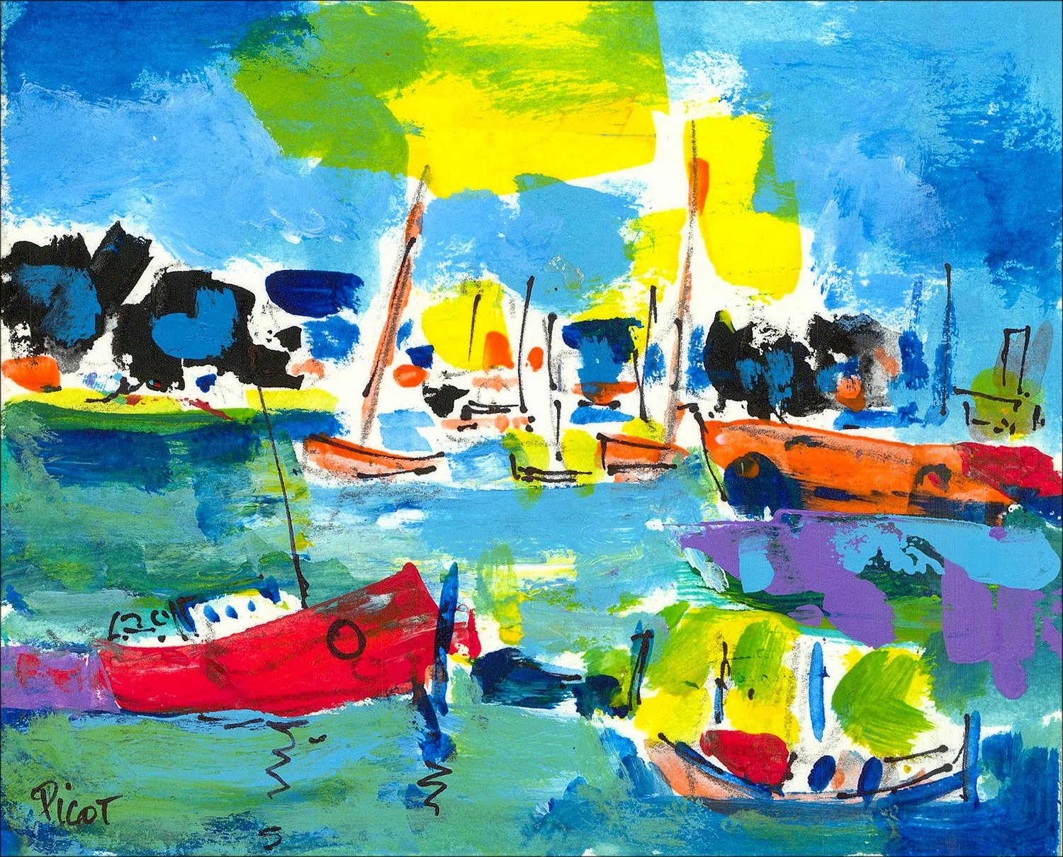 Jean-Claude PICOT - Dessin original à la gouache "Les bateaux 1" 11x14cm