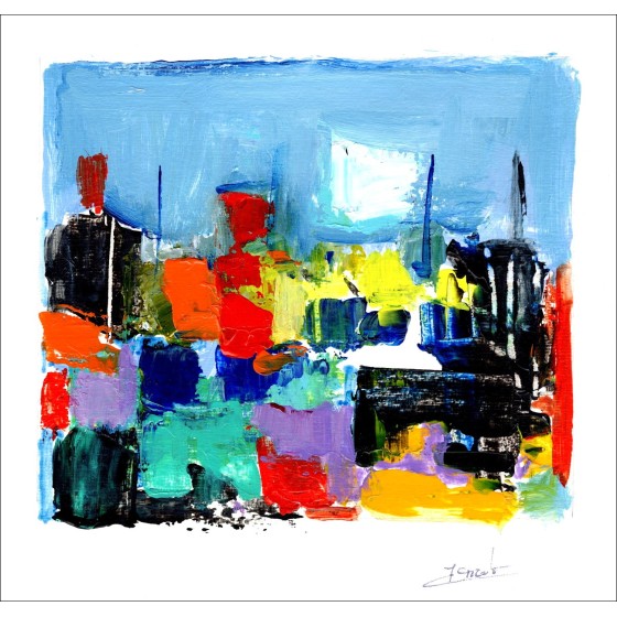 PICOT Jean-Claude - Dibujo original con gouache "Barcos 3" 15x15cm