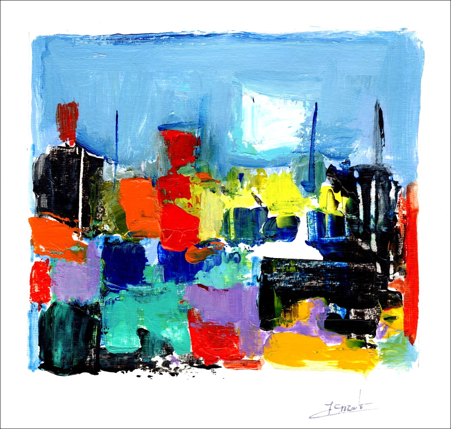 PICOT Jean-Claude - Original gouache drawing "The boats 3" 15x15cm