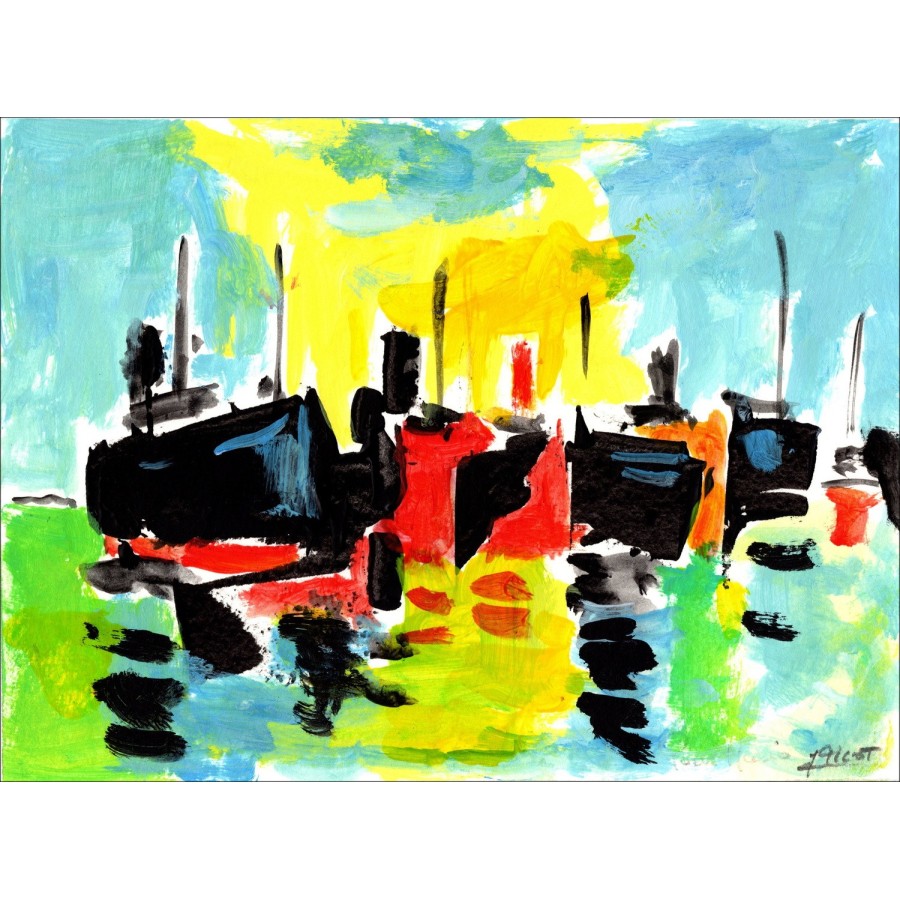 PICOT Jean-Claude - Originalzeichnung mit Gouache "Die Boote 4" 13x18cm