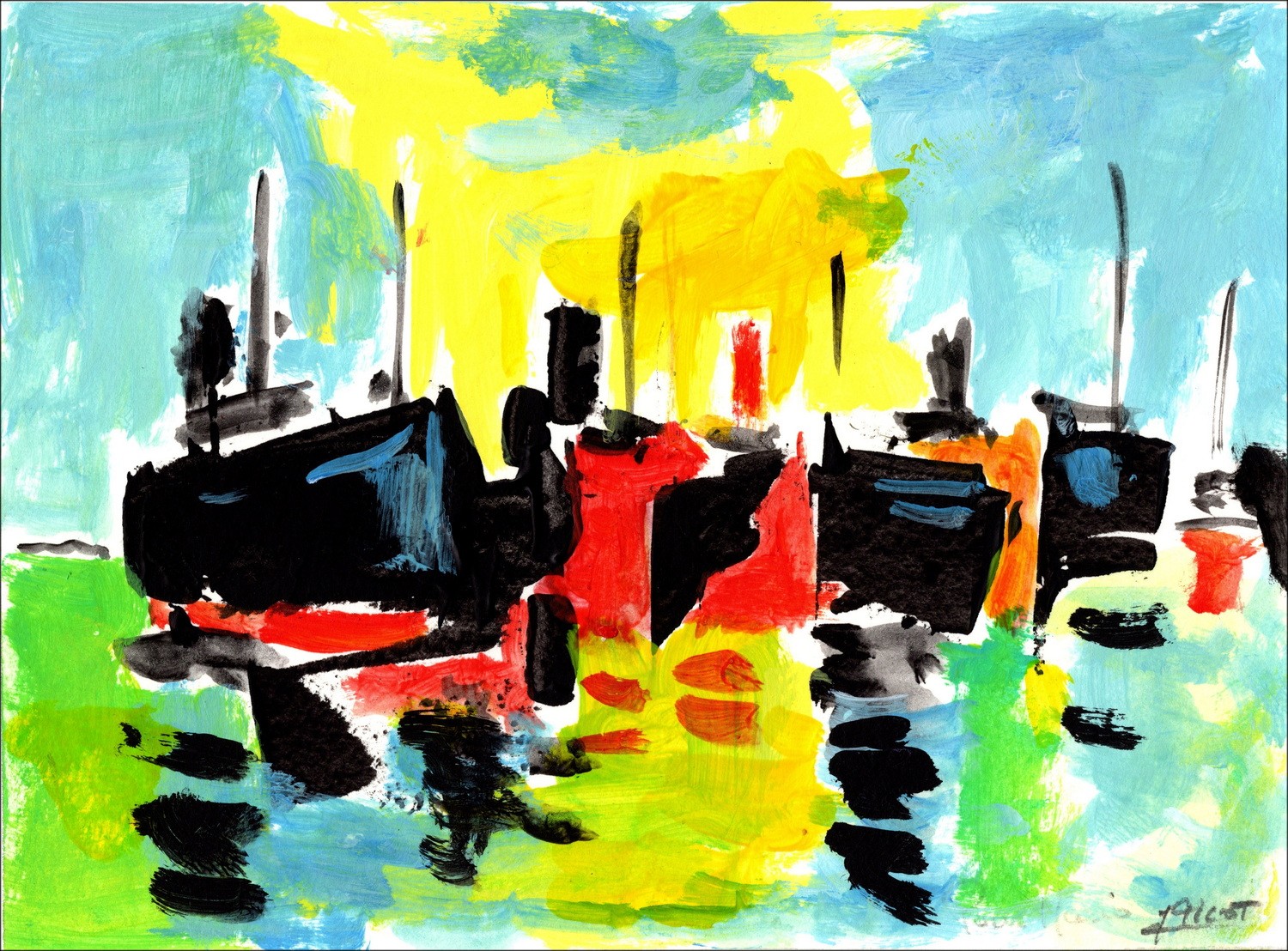 PICOT Jean-Claude - Dessin original à la gouache "Les bateaux 4" 13x18cm