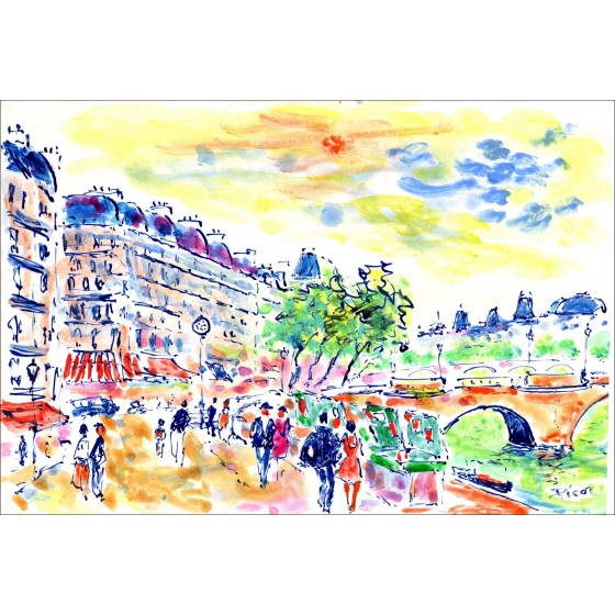 PICOT Jean-Claude - Originalzeichnung mit Aquarell "Paris, Seine Rande" 10x15cm