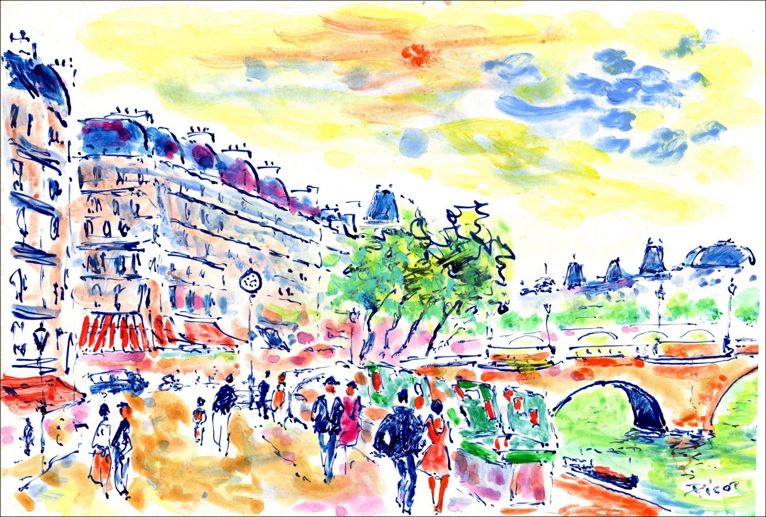 PICOT Jean-Claude - Disegno originale con Acquerello "Parigi, Edge della Senna" 10x15 cm
