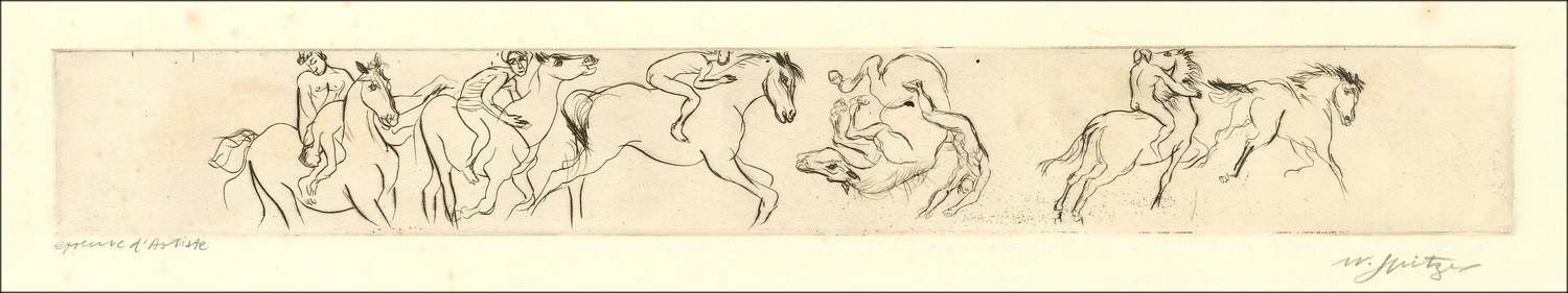 Walter Spitzer - Originele gravure "paarden, ontbinding" 17x60cm