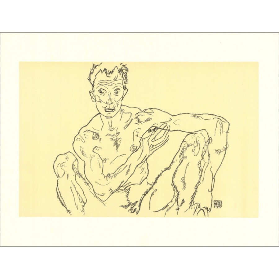 Egon SCHIELE - Lithographie "Homme nu accroupi (autoportrait), 1918" 65x50cm