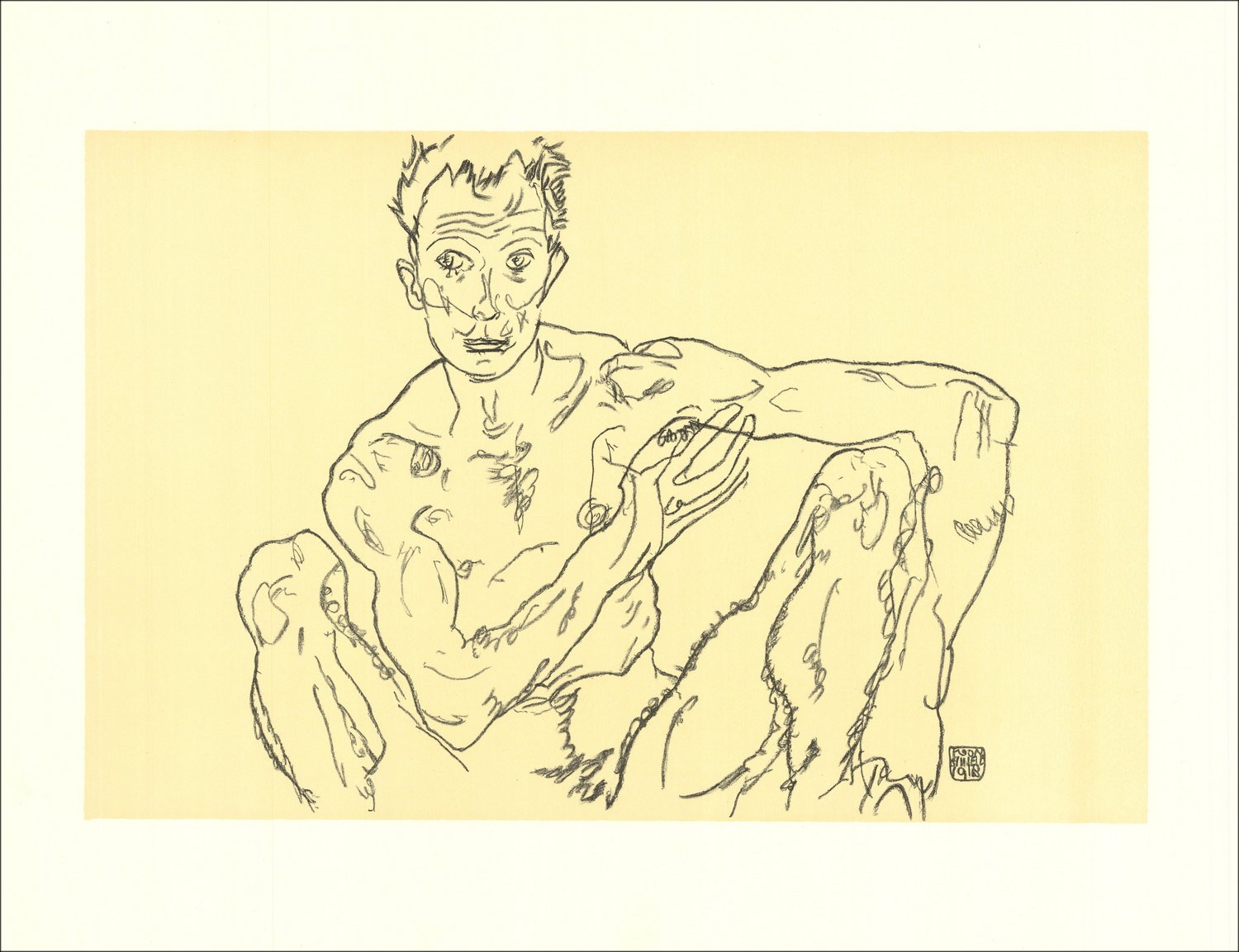 Egon SCHIELE - Lithographie "Homme nu accroupi (autoportrait), 1918" 65x50cm