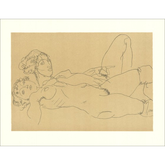 Egon SCHIELE - Litografía "Dos mujeres desnudas alargadas, 1914" 65x50cm